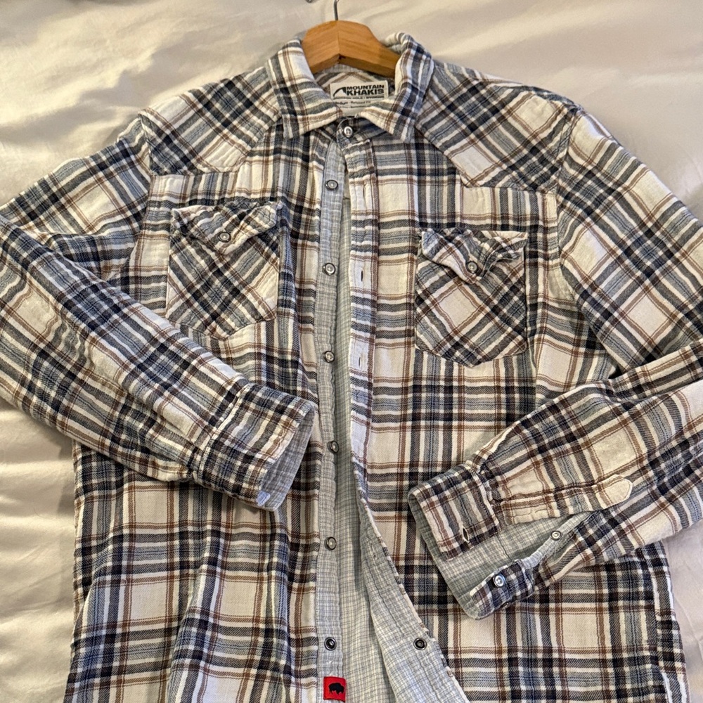 Mountain Khakis White, Blue, and Brown Plaid Flannel Shirt